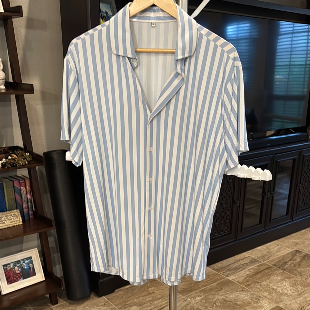 Casual Blue and White Striped Button Down Shirt